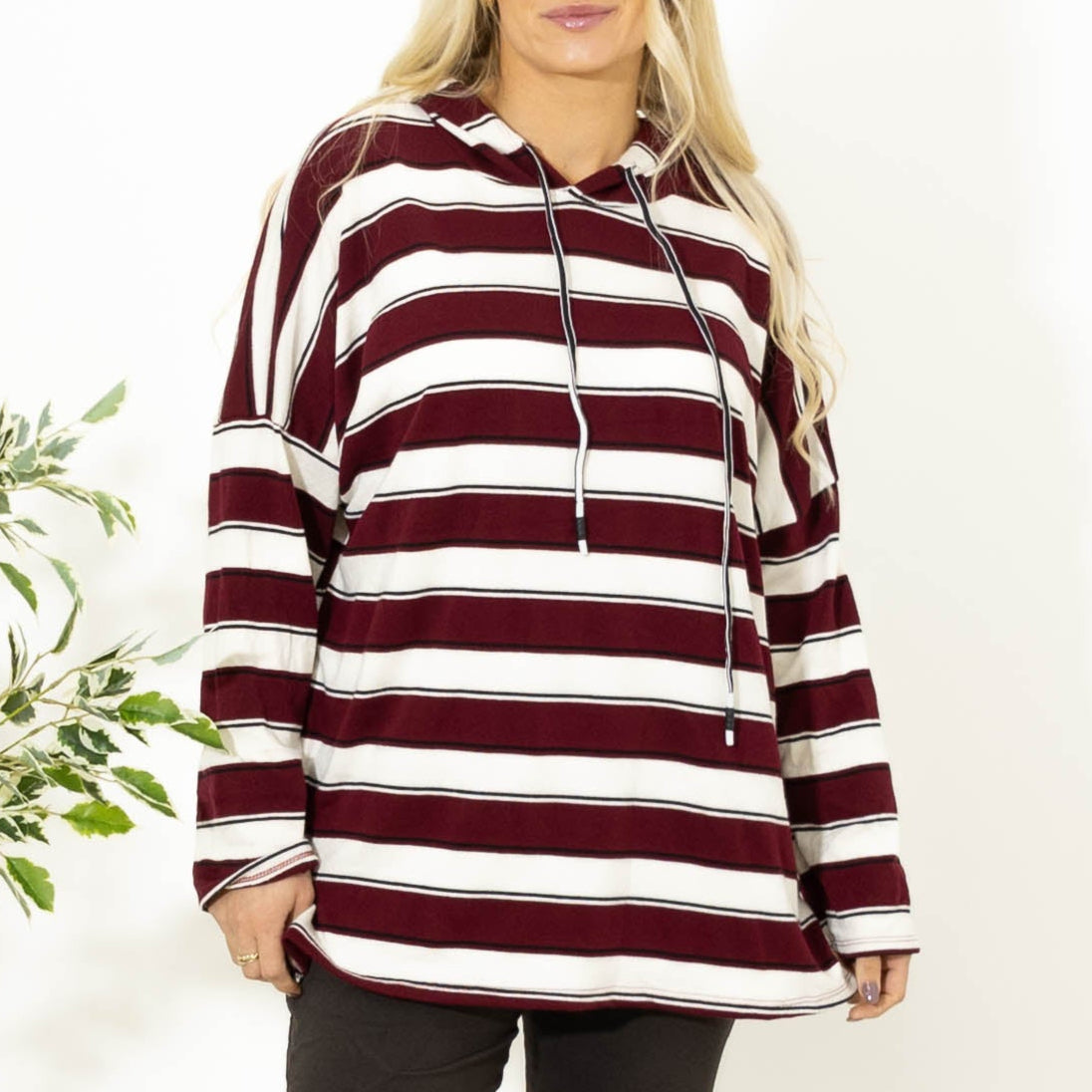 Silke stribet strik m. hoodie, bordeaux