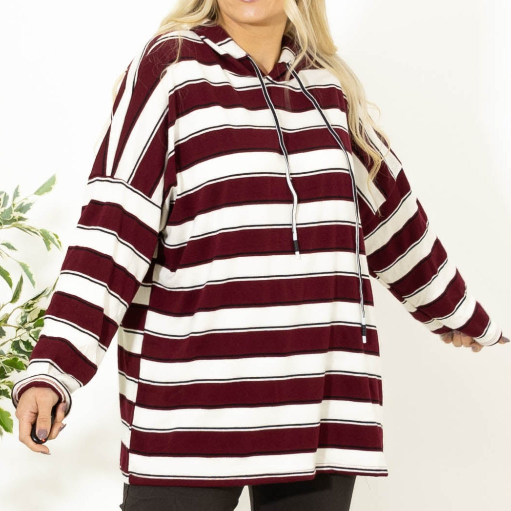 Silke stribet strik m. hoodie, bordeaux