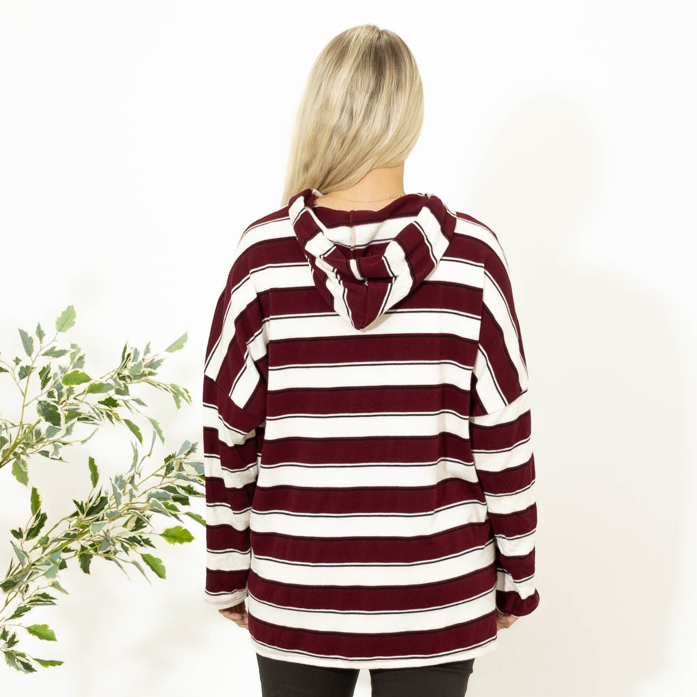 Silke stribet strik m. hoodie, bordeaux