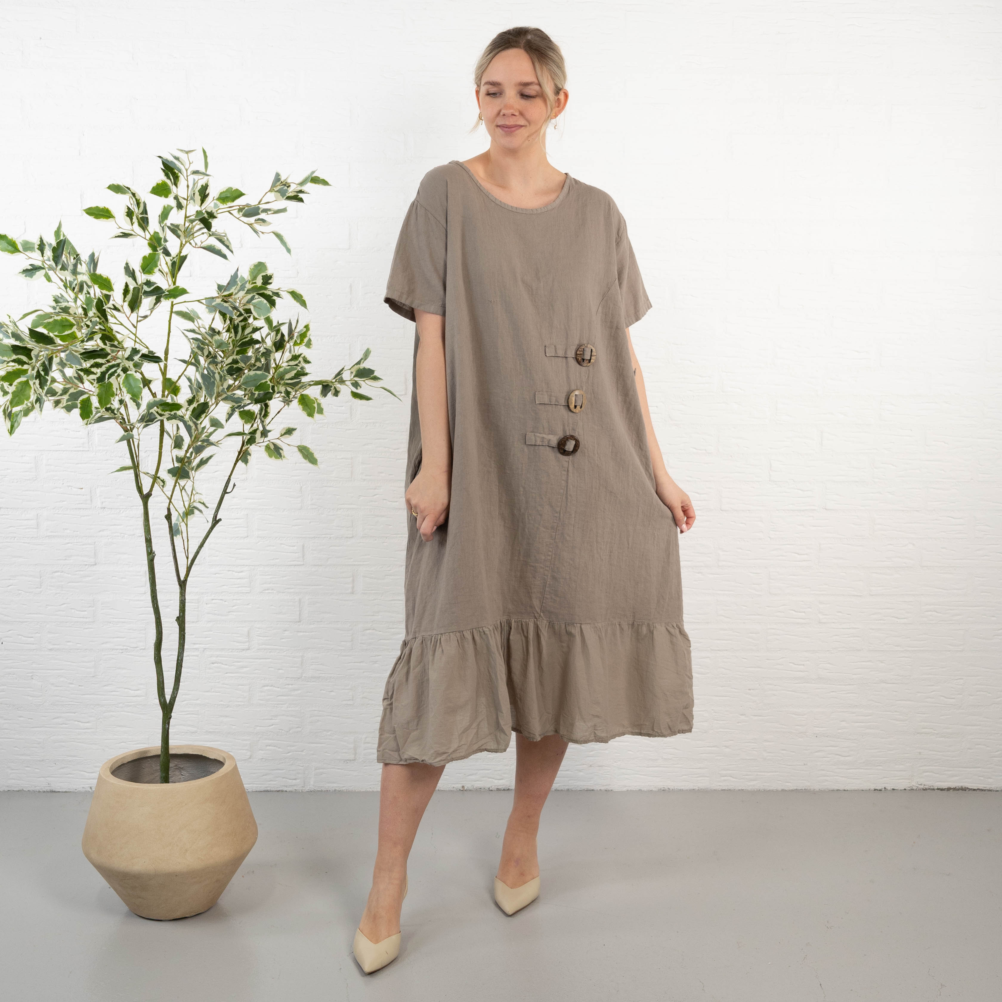 Shaki ægte hør kjole, Taupe