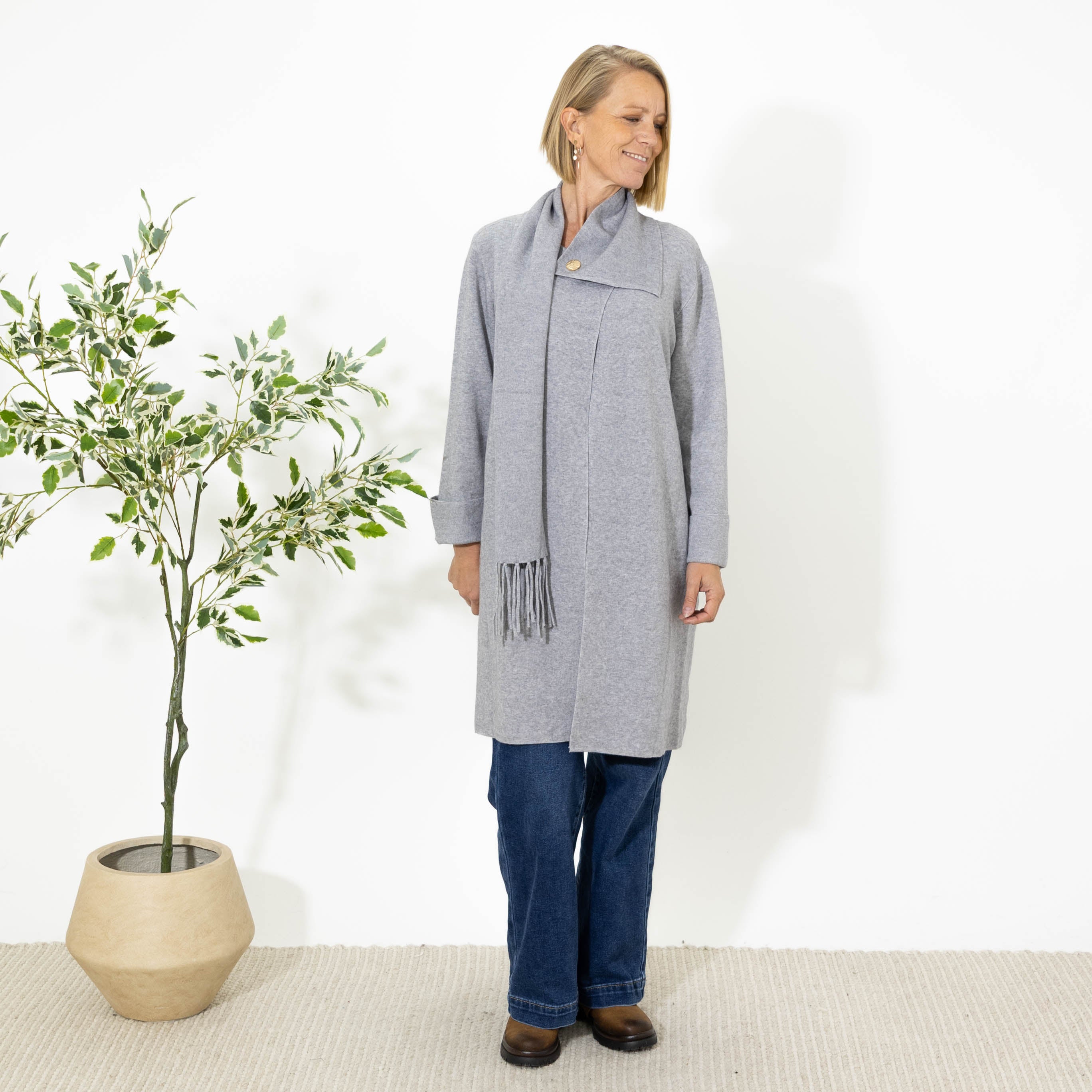 Janny cardigan m. tørklæde, Grå