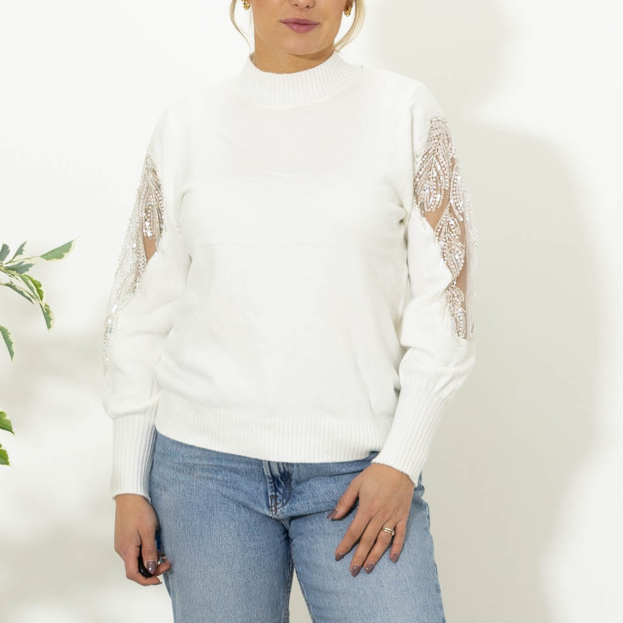 Dolly strik m. pailletter, Hvid