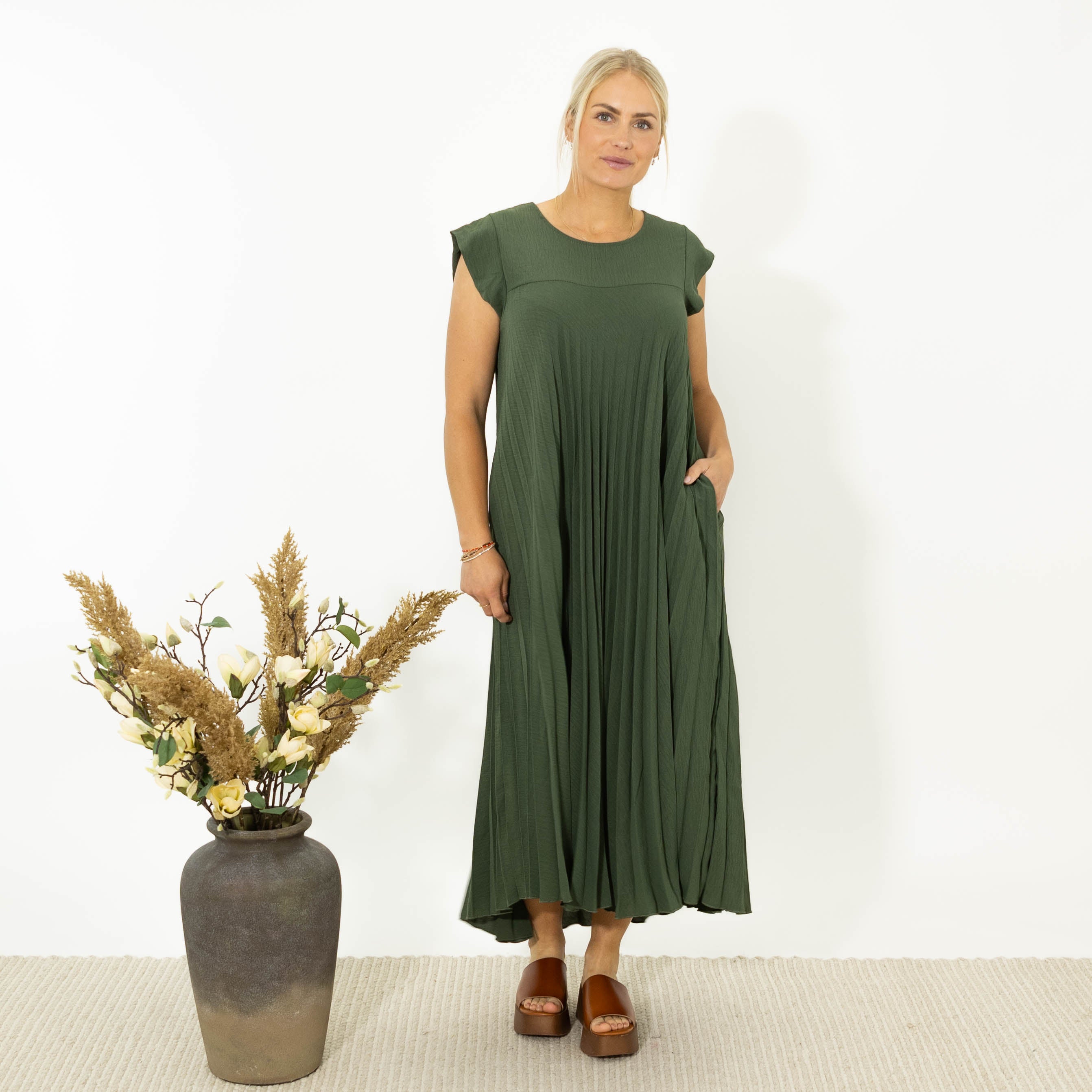 Lene chiffon kjole, Khaki