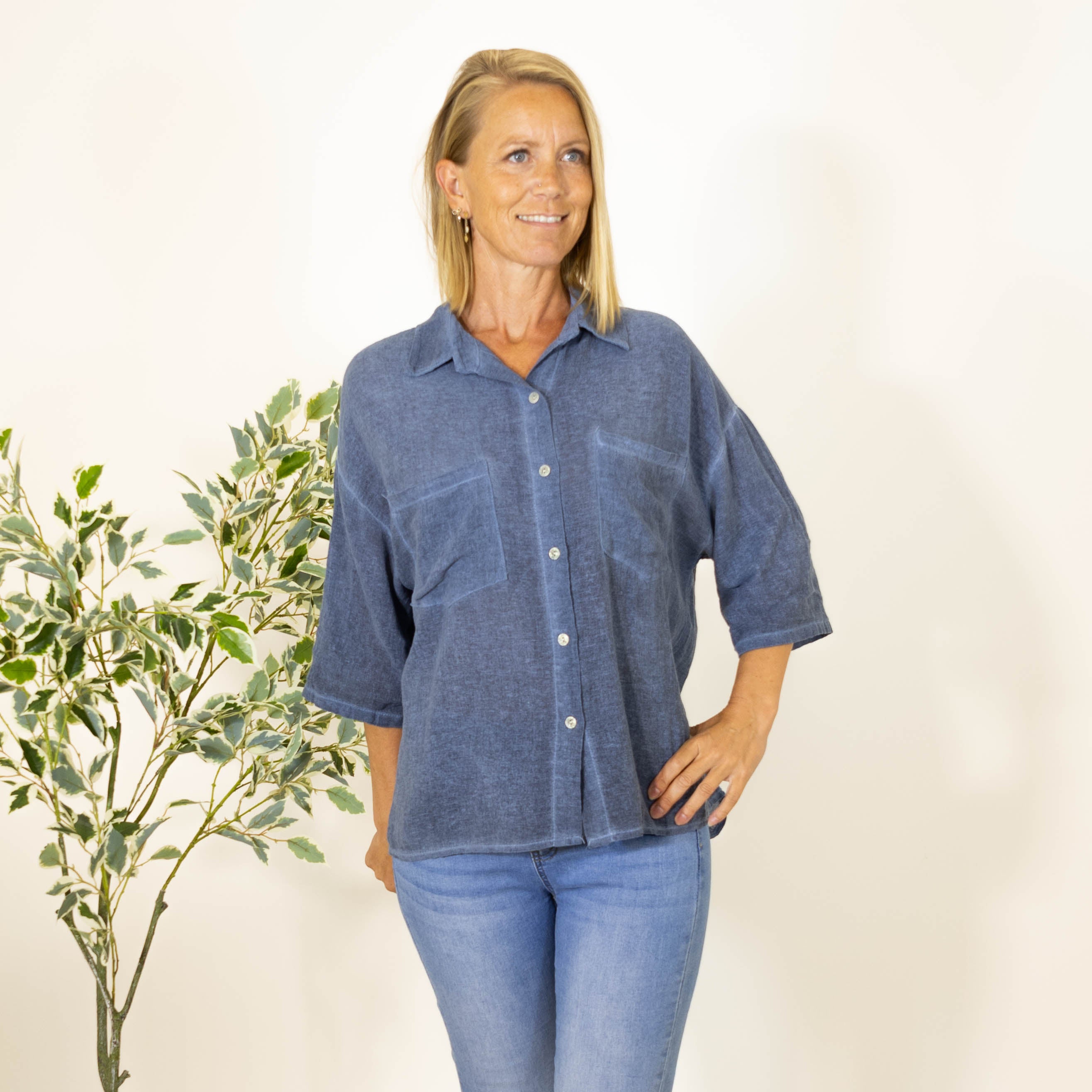 Paulina acid washed skjorte, Navy