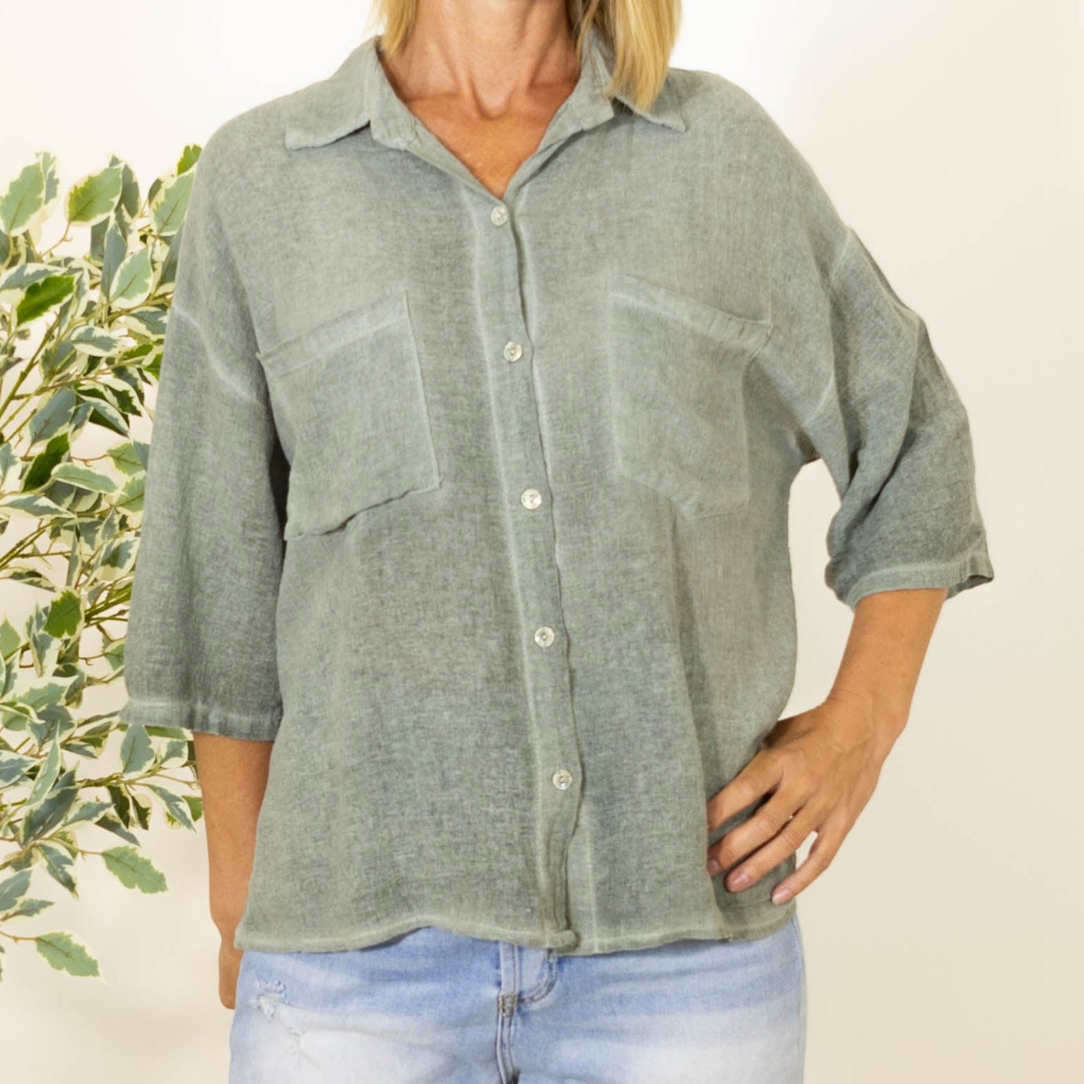 Paulina acid washed skjorte, Khaki