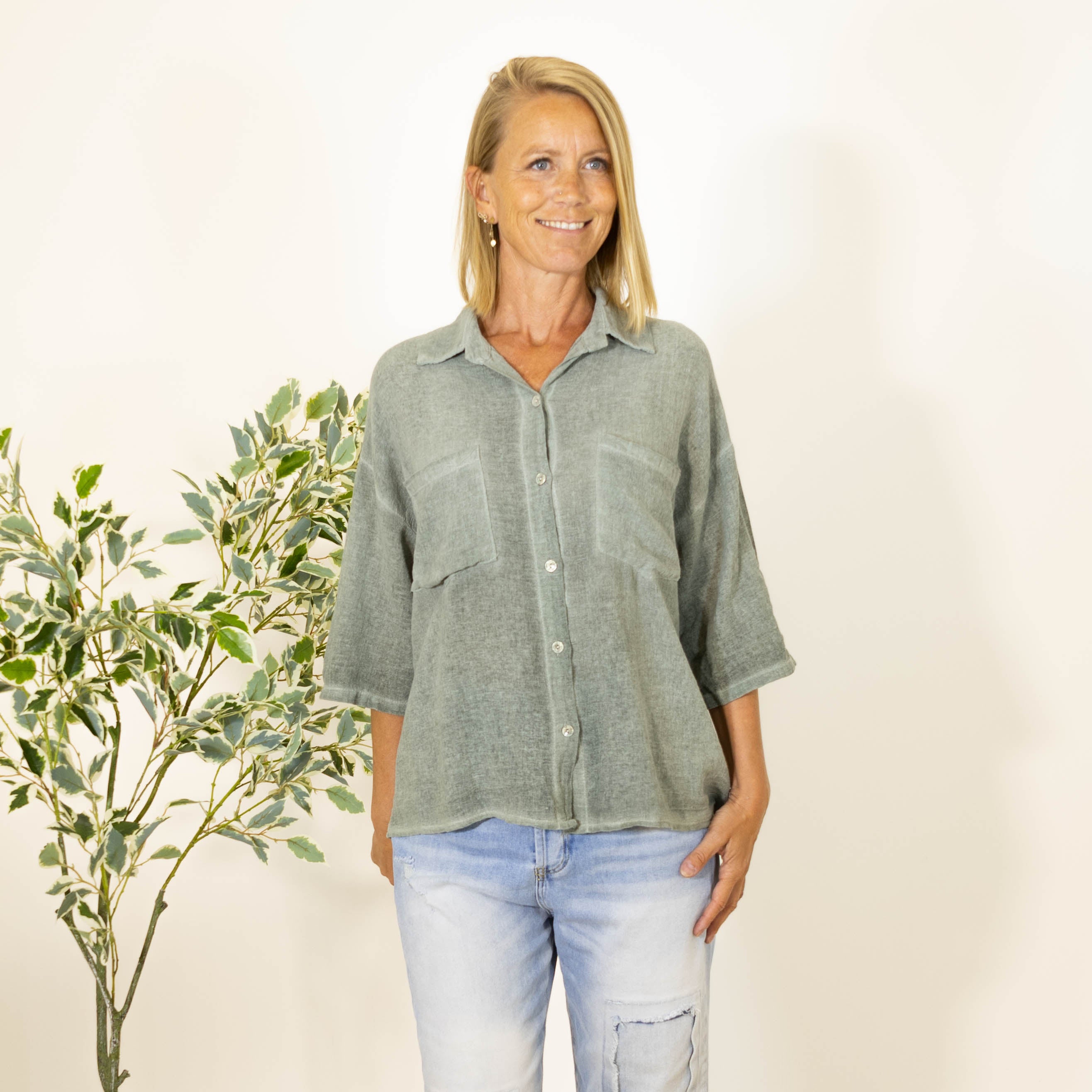 Paulina acid washed skjorte, Khaki