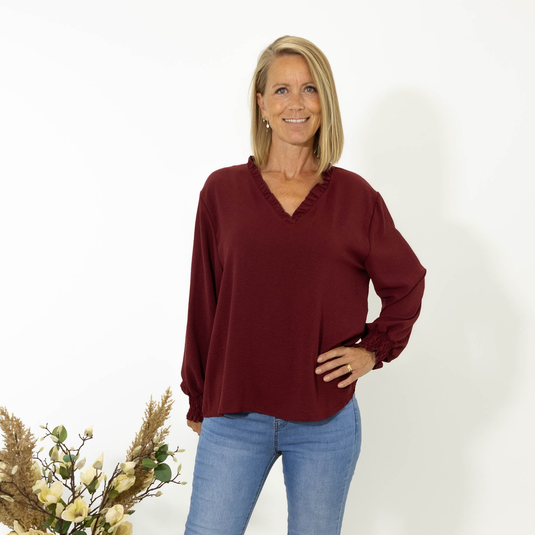 Thalia bubble chiffon skjorte, Bordeaux