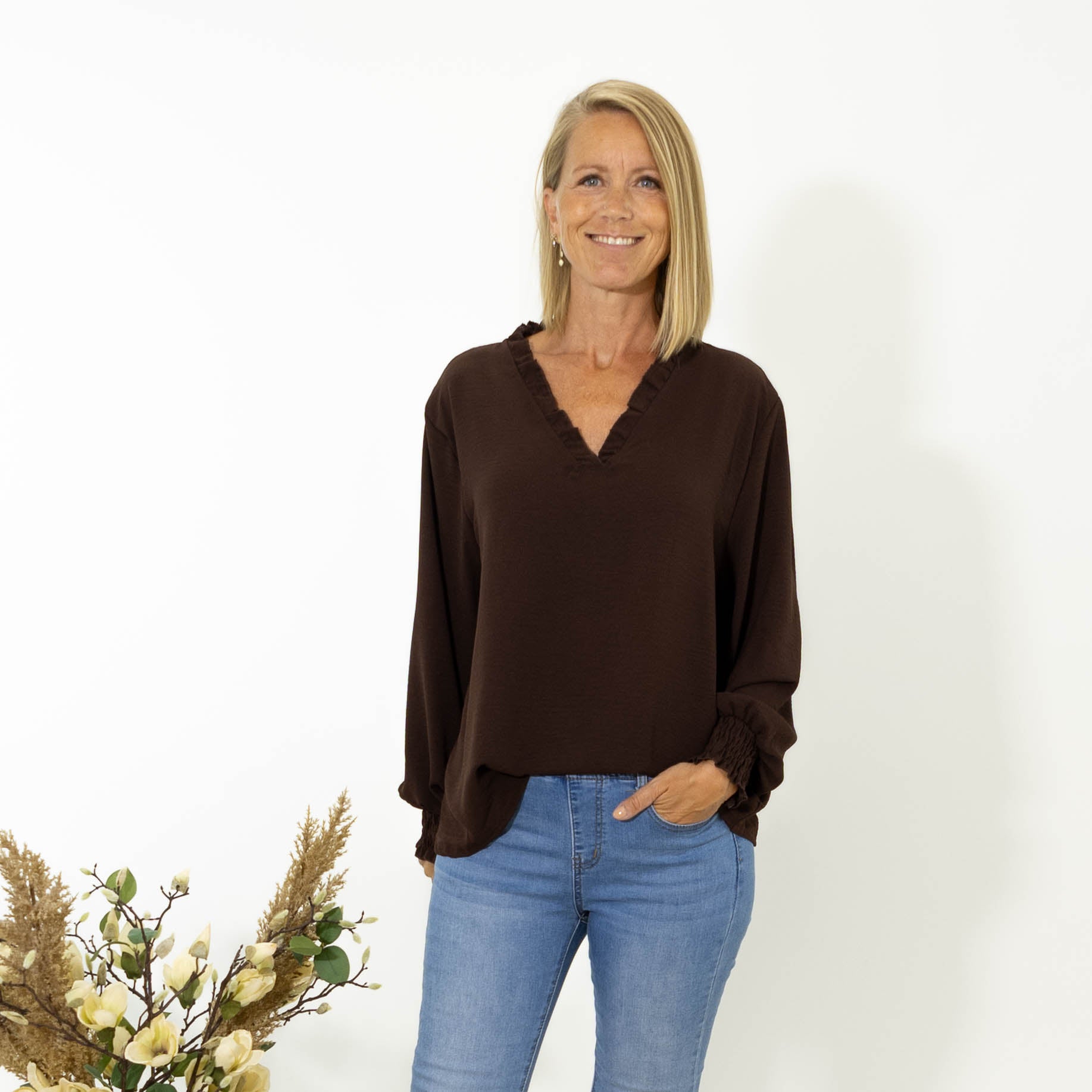 Thalia bubble chiffon skjorte, Choko