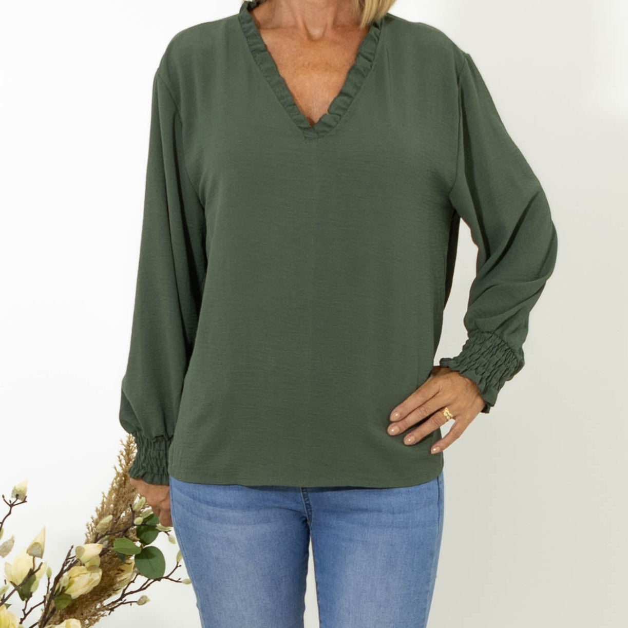 Thalia bubble chiffon skjorte, Khaki