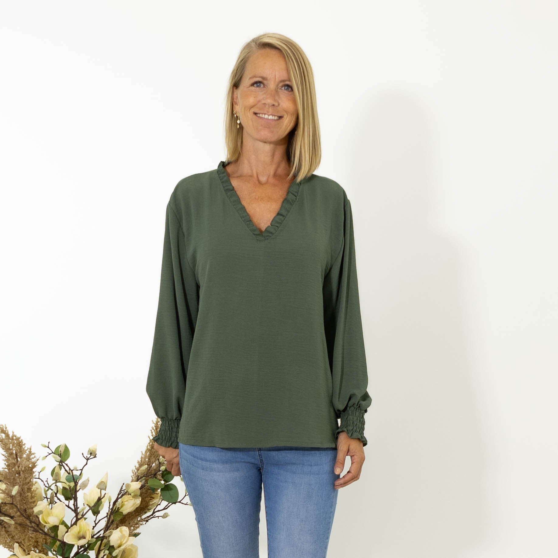 Thalia bubble chiffon skjorte, Khaki