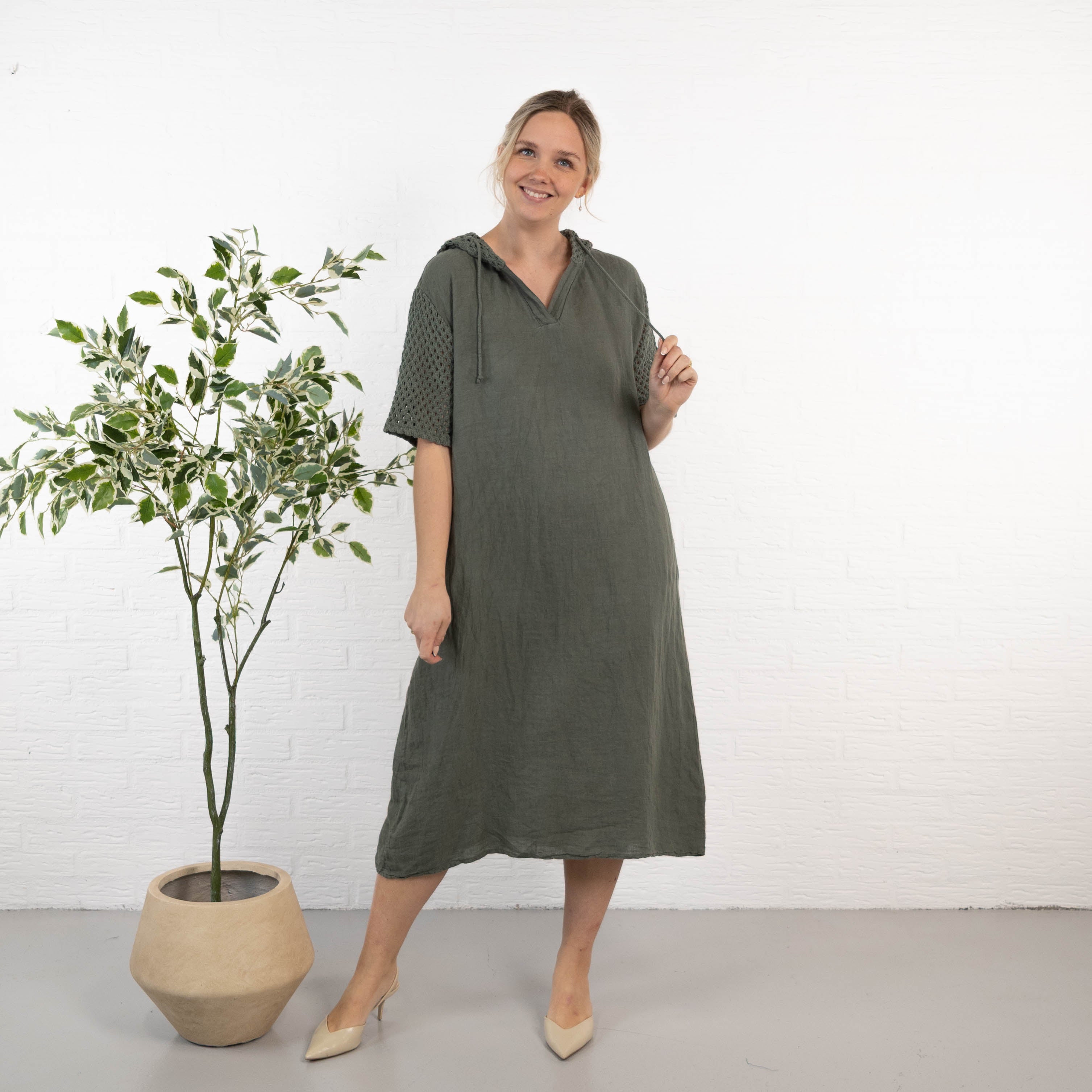 Sonja ægte hør kjole, Khaki