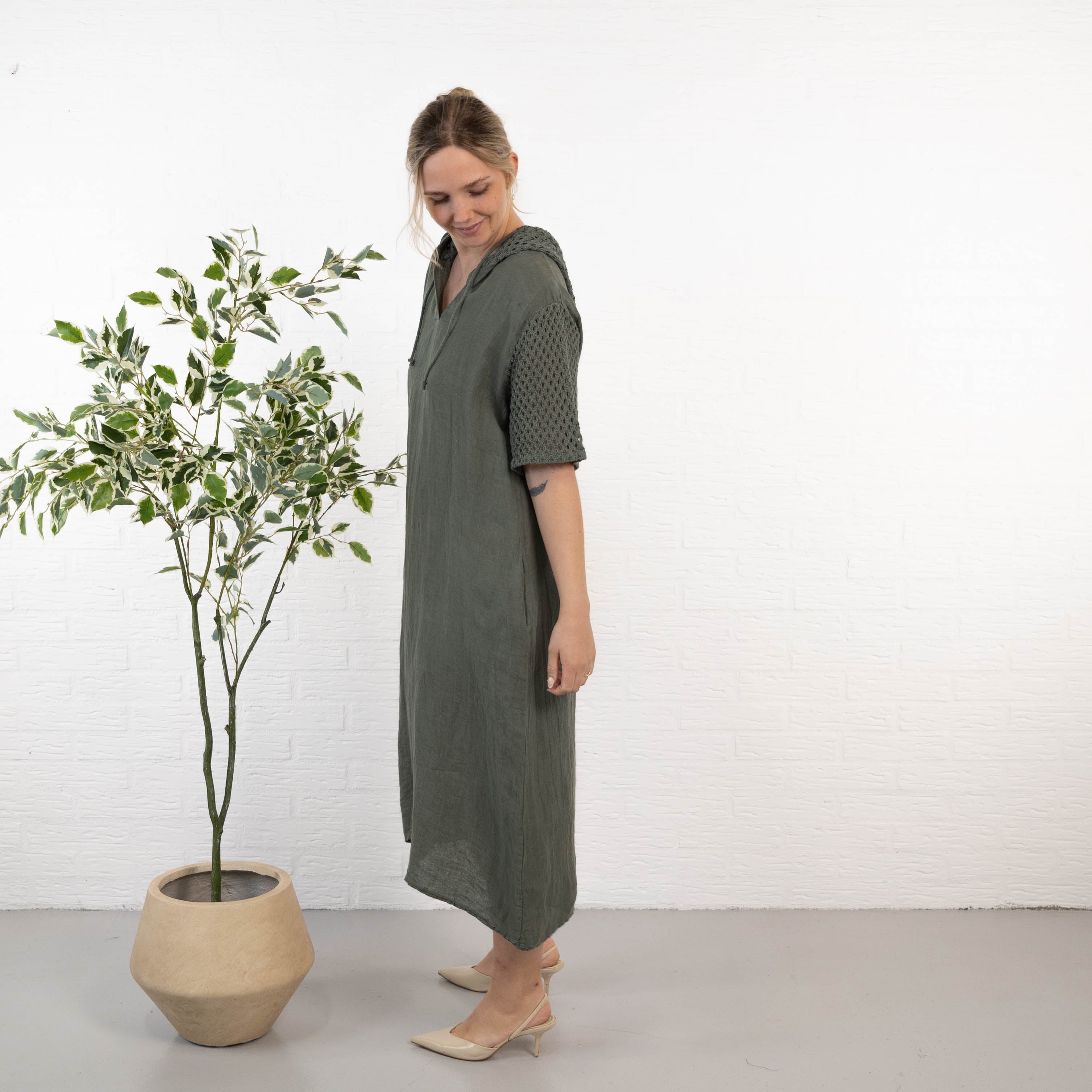 Sonja ægte hør kjole, Khaki