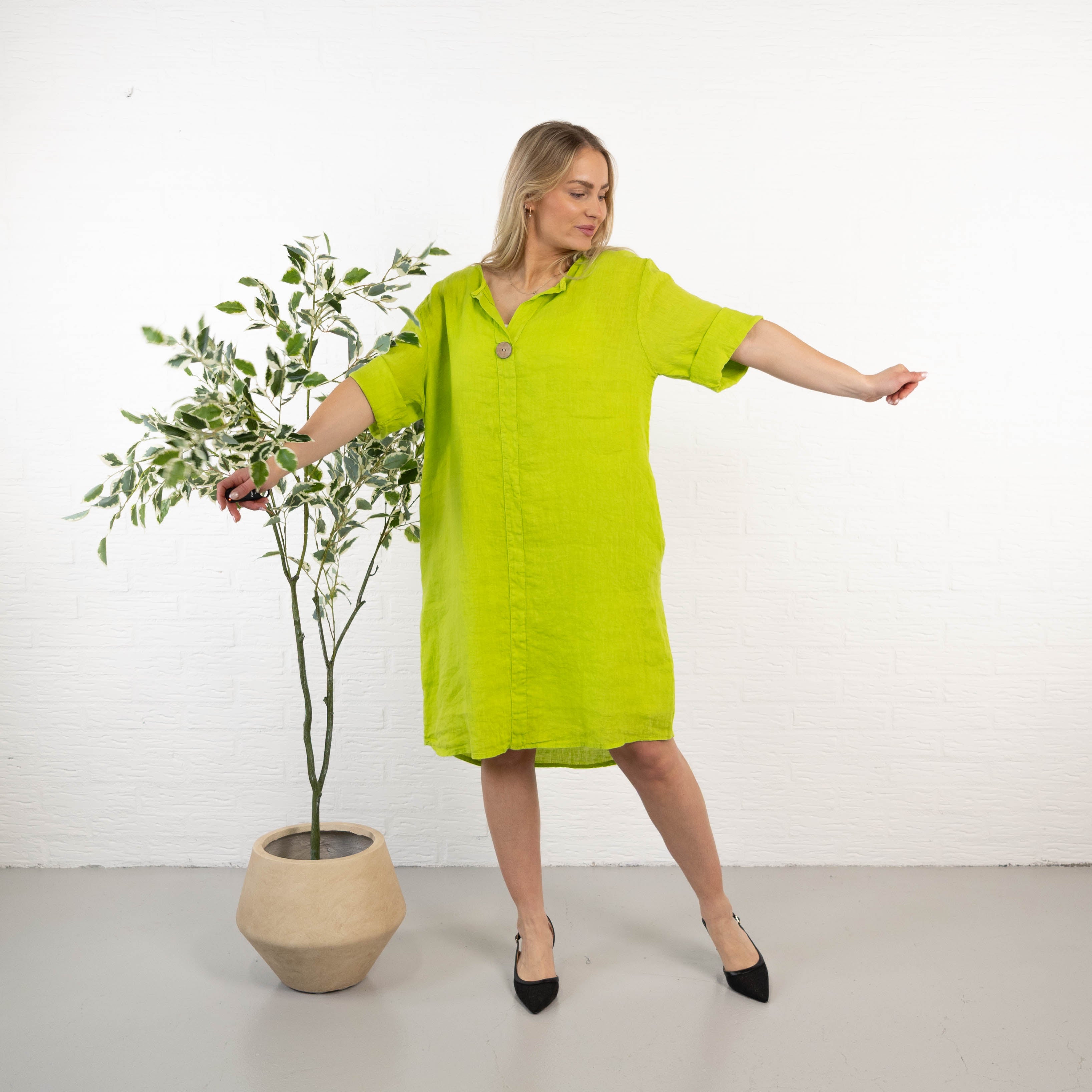 Beate ægte hør kjole, Lime