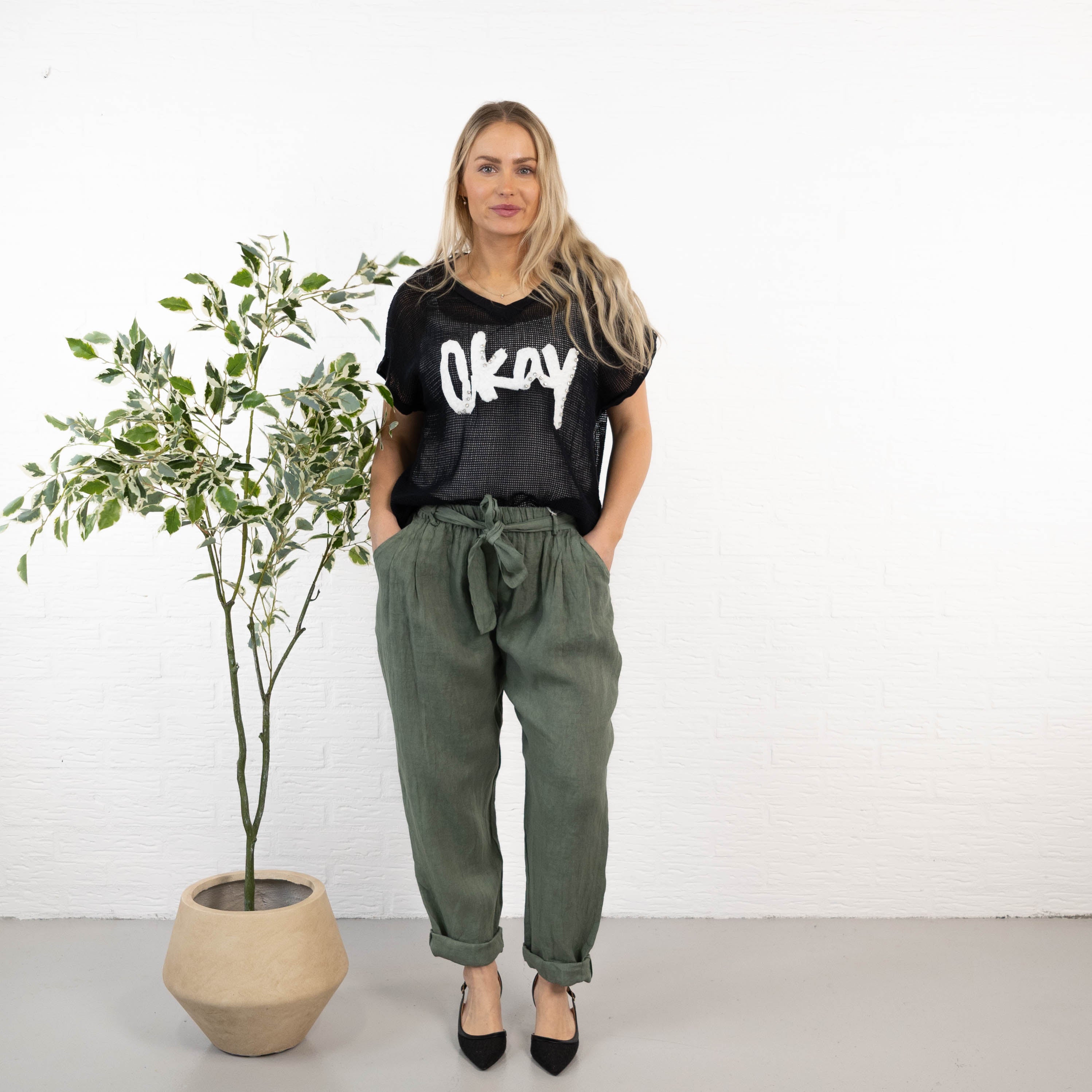 Nyrzi ægte hør bukser, Khaki