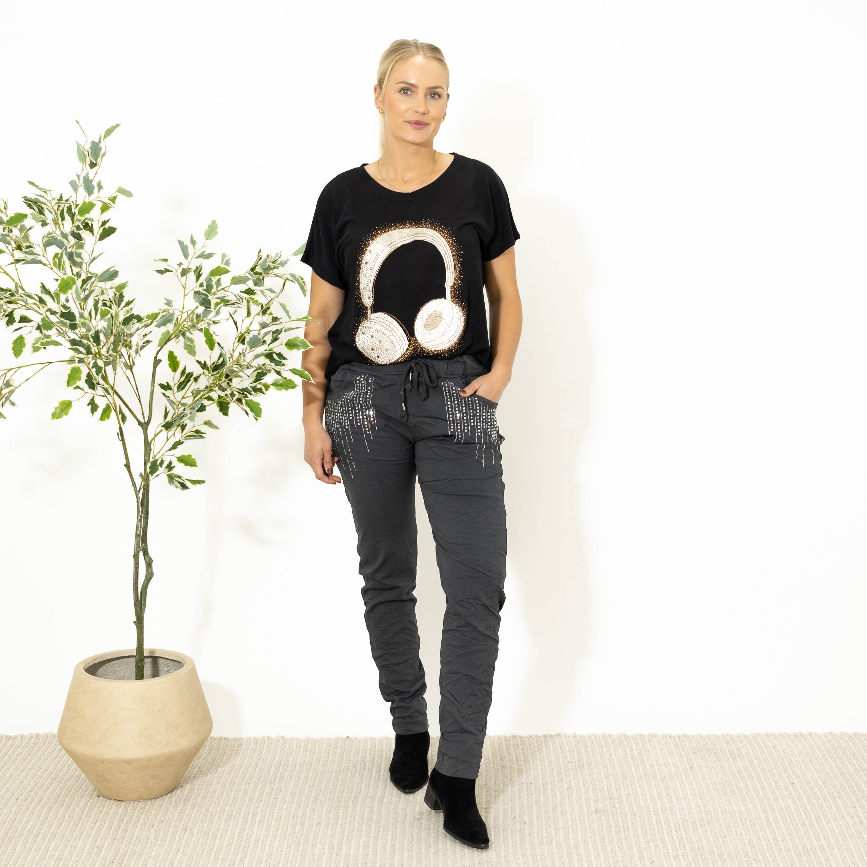 Birgit printet bukser, Grå