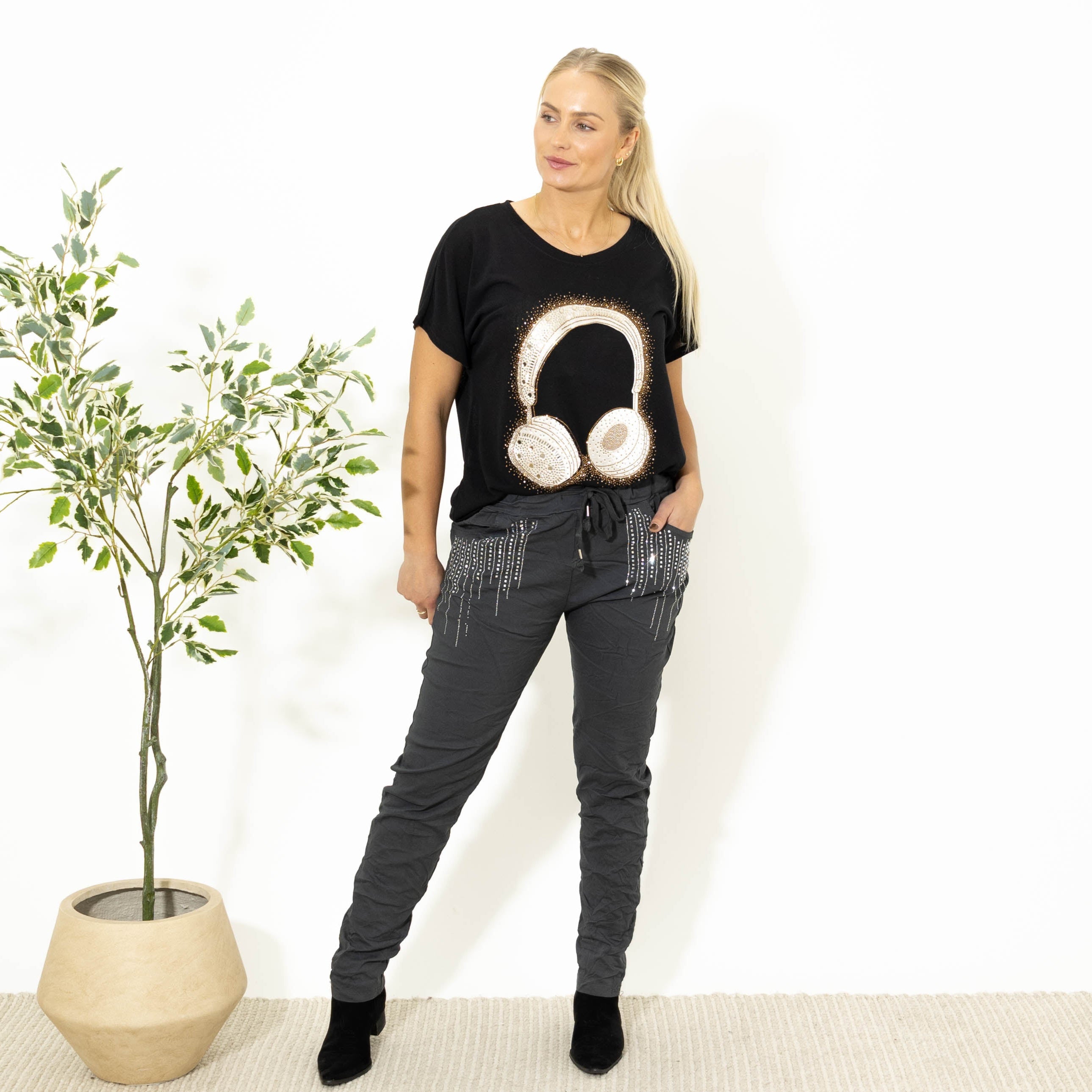 Birgit printet bukser, Grå
