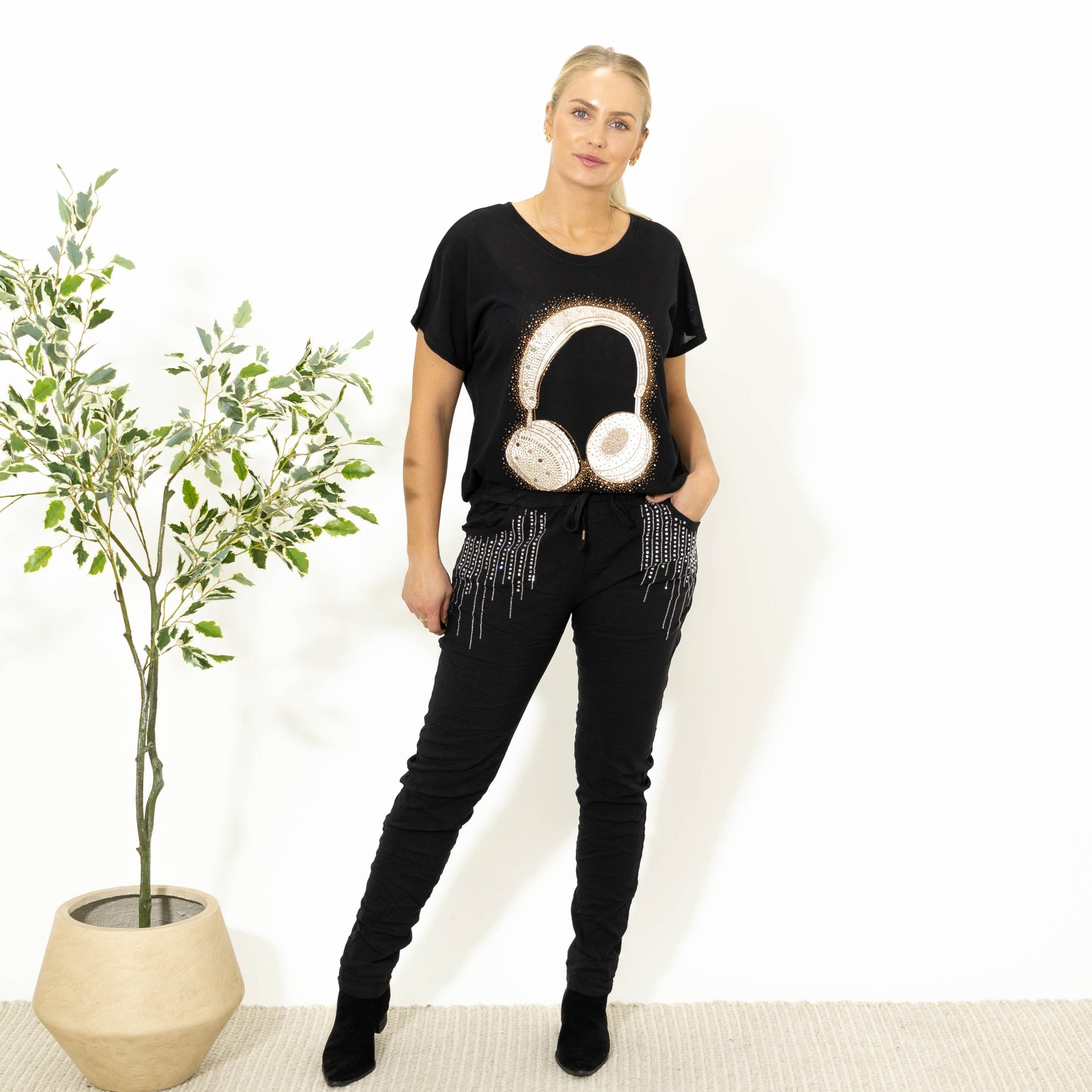 Birgit printet bukser, Sort