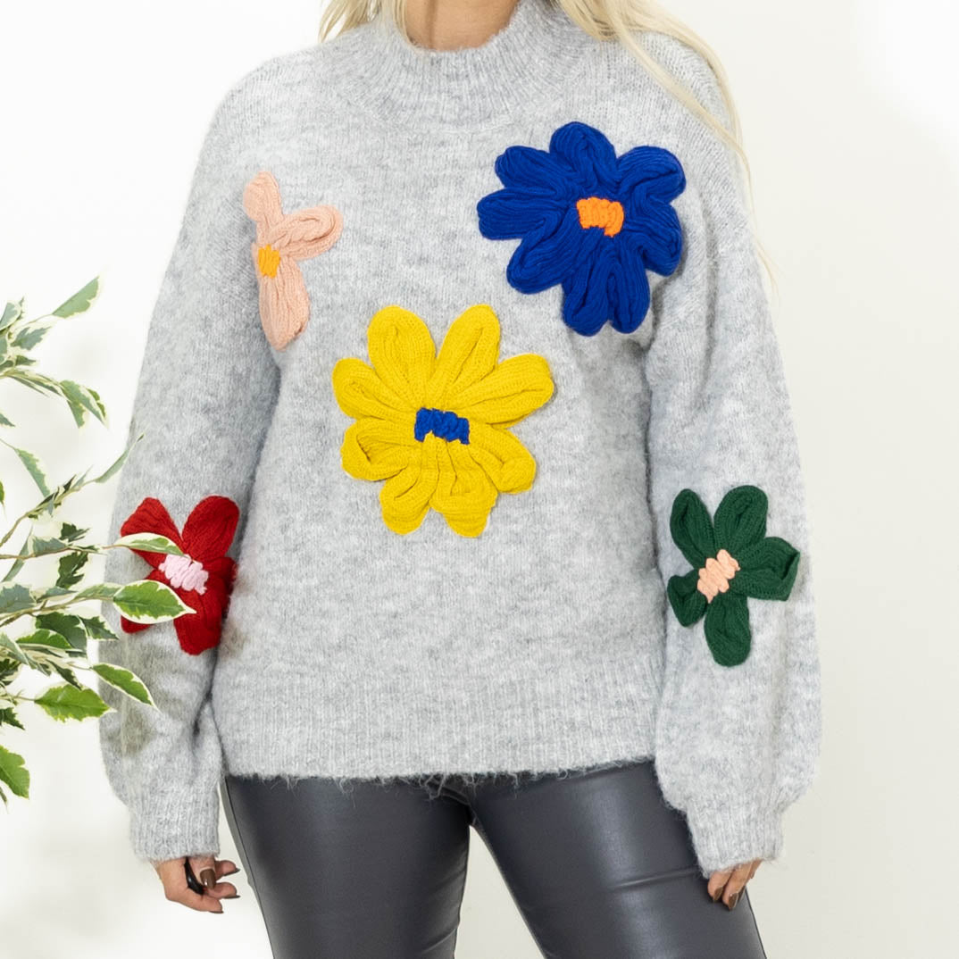 Angela strik m. blomster, Grå