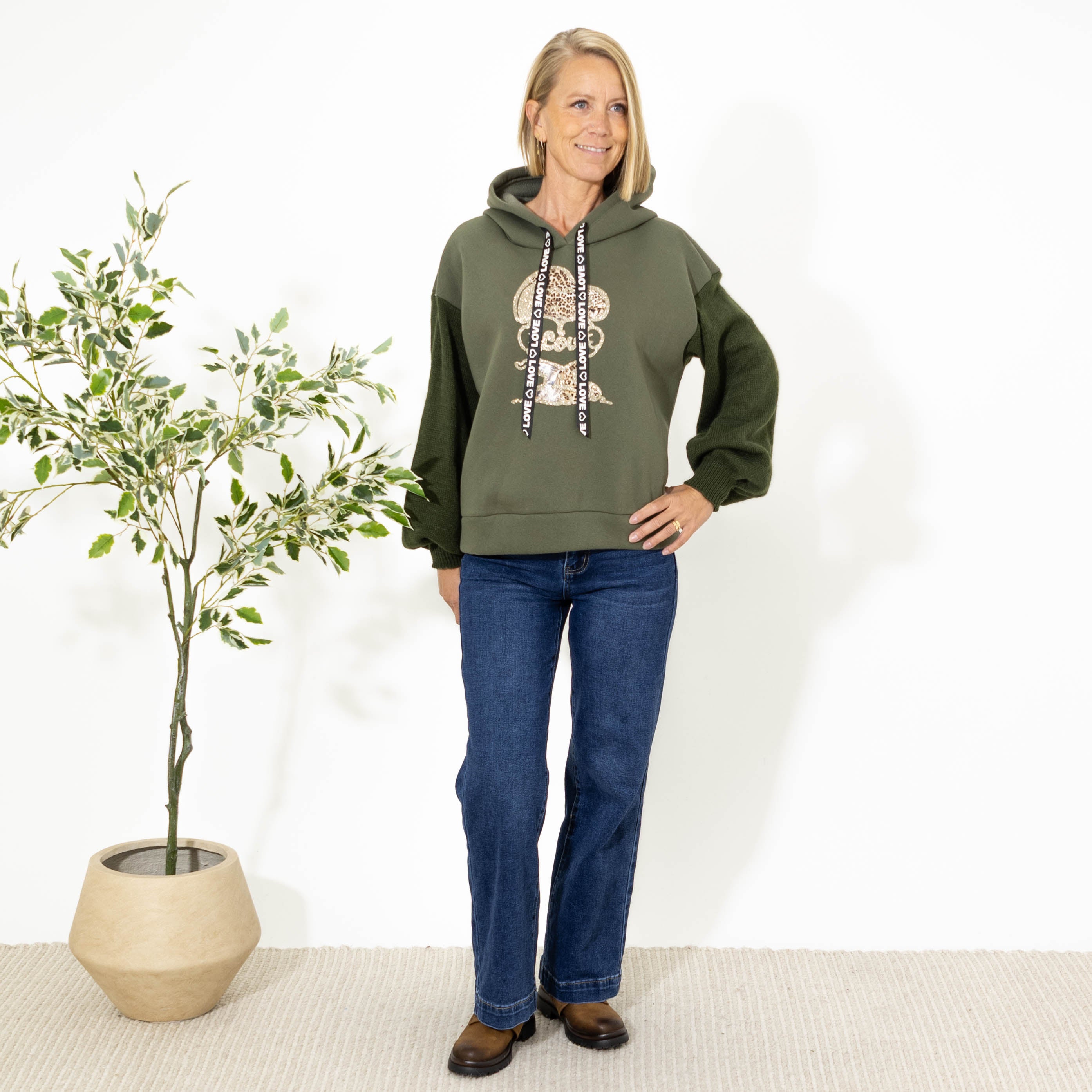 Patty sweatshirt m. hoodie, Khaki