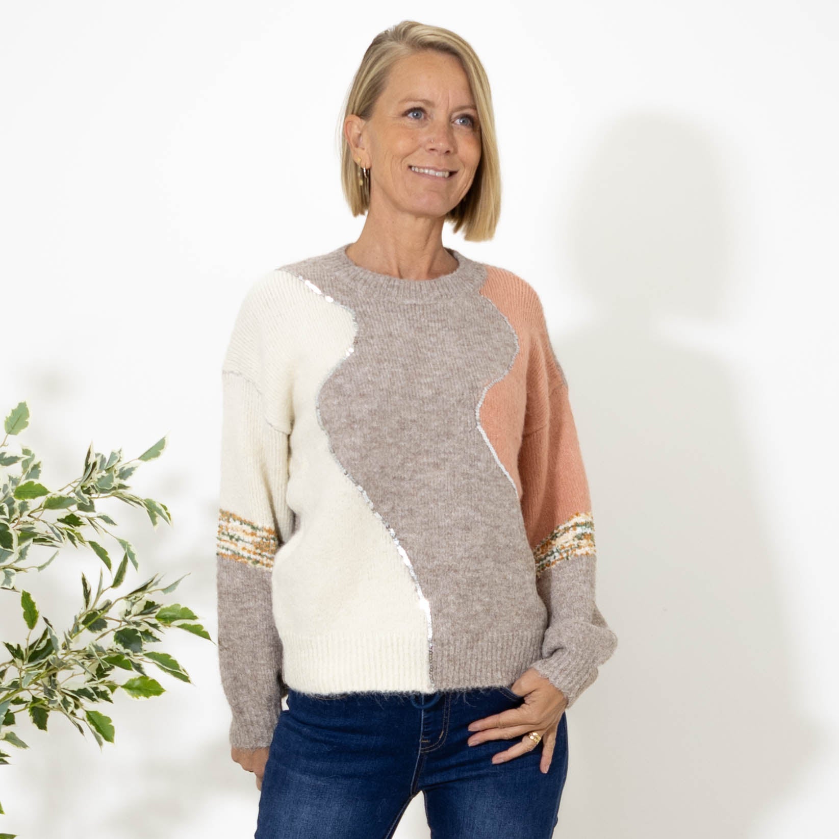 Evelyn multifarvet strik, Taupe