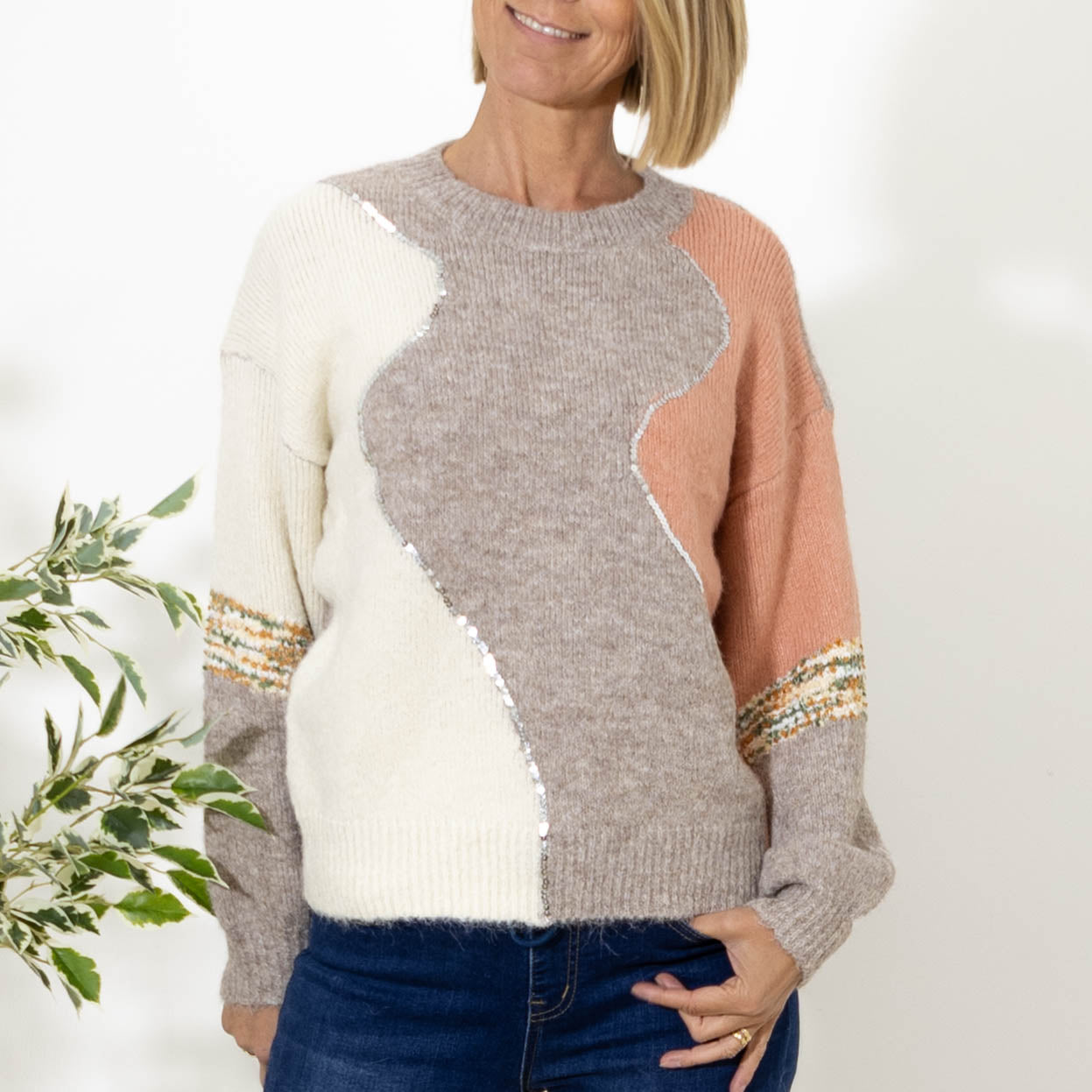 Evelyn multifarvet strik, Taupe